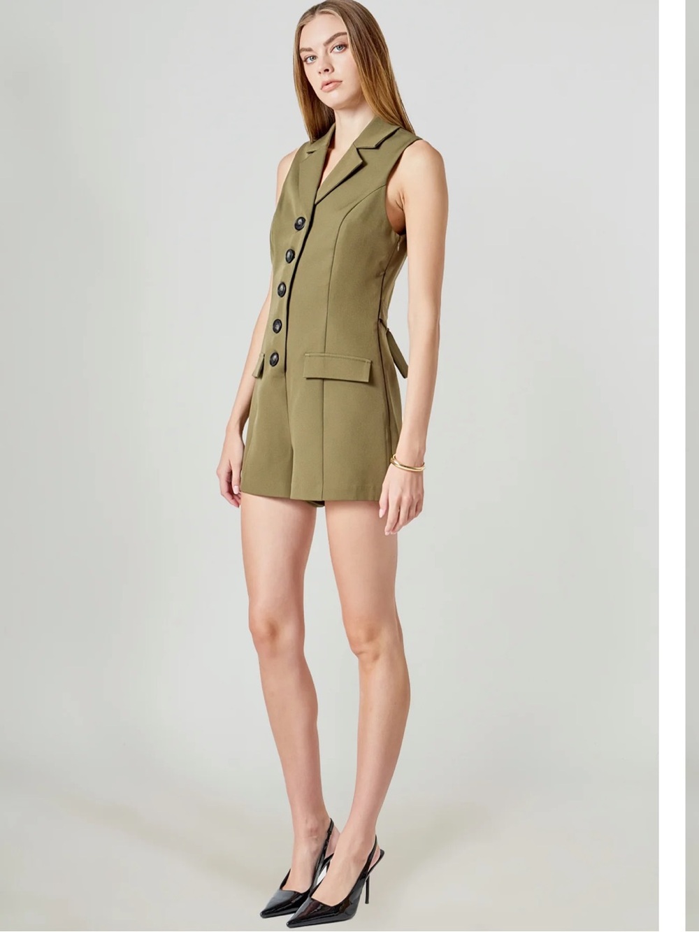Notch-Collar Sleeveless Romper in Olive Green